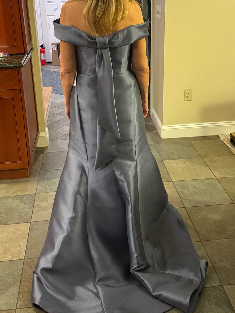 Amsale Off-the-Shoulder Satin Mermaid Gown in Steel - Picture 2 of 3